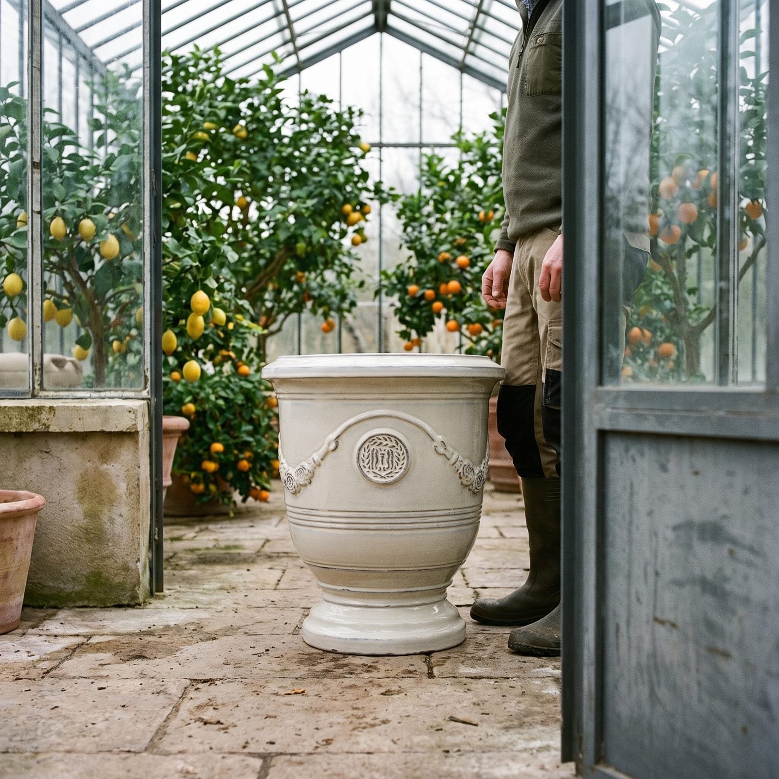 RICHELIEU Creme in der Orangerie zwischen Zitrusbäumen