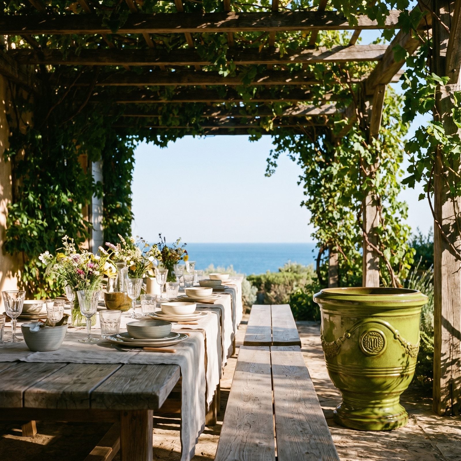 Gedeckter Tisch unter der Pergola mit Meerblick, flankiert von zwei RICHELIEU Tropengrün