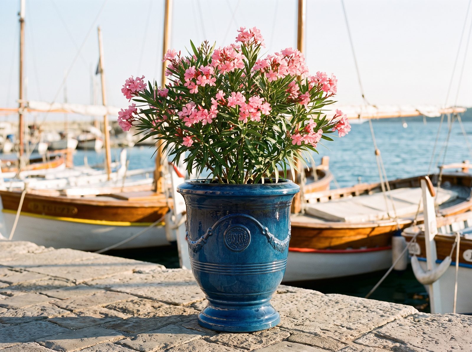 Keramik-Pflanzkübel RICHELIEU Azurblau mit rosa Oleander auf der Hafenmole an der Riviera