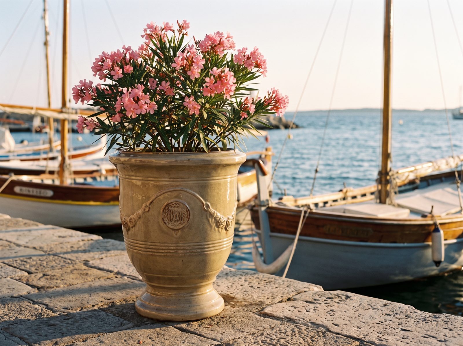 Keramik-Pflanzkübel RICHELIEU Sandbronze mit rosa Oleander auf der Hafenmole an der Riviera