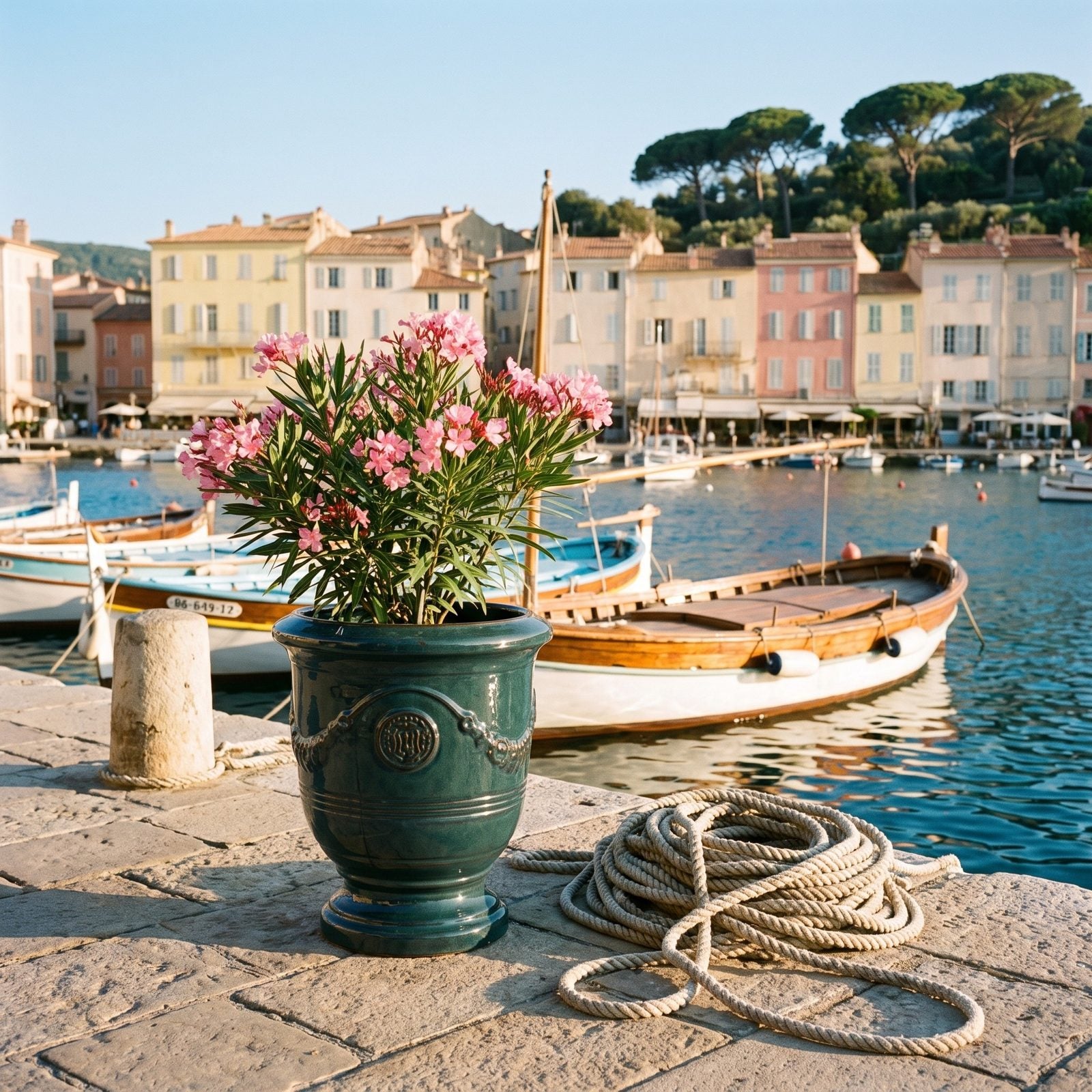 Keramik-Pflanzkübel RICHELIEU Tropische Lagune mit rosa Oleander auf der Hafenmole an der Riviera